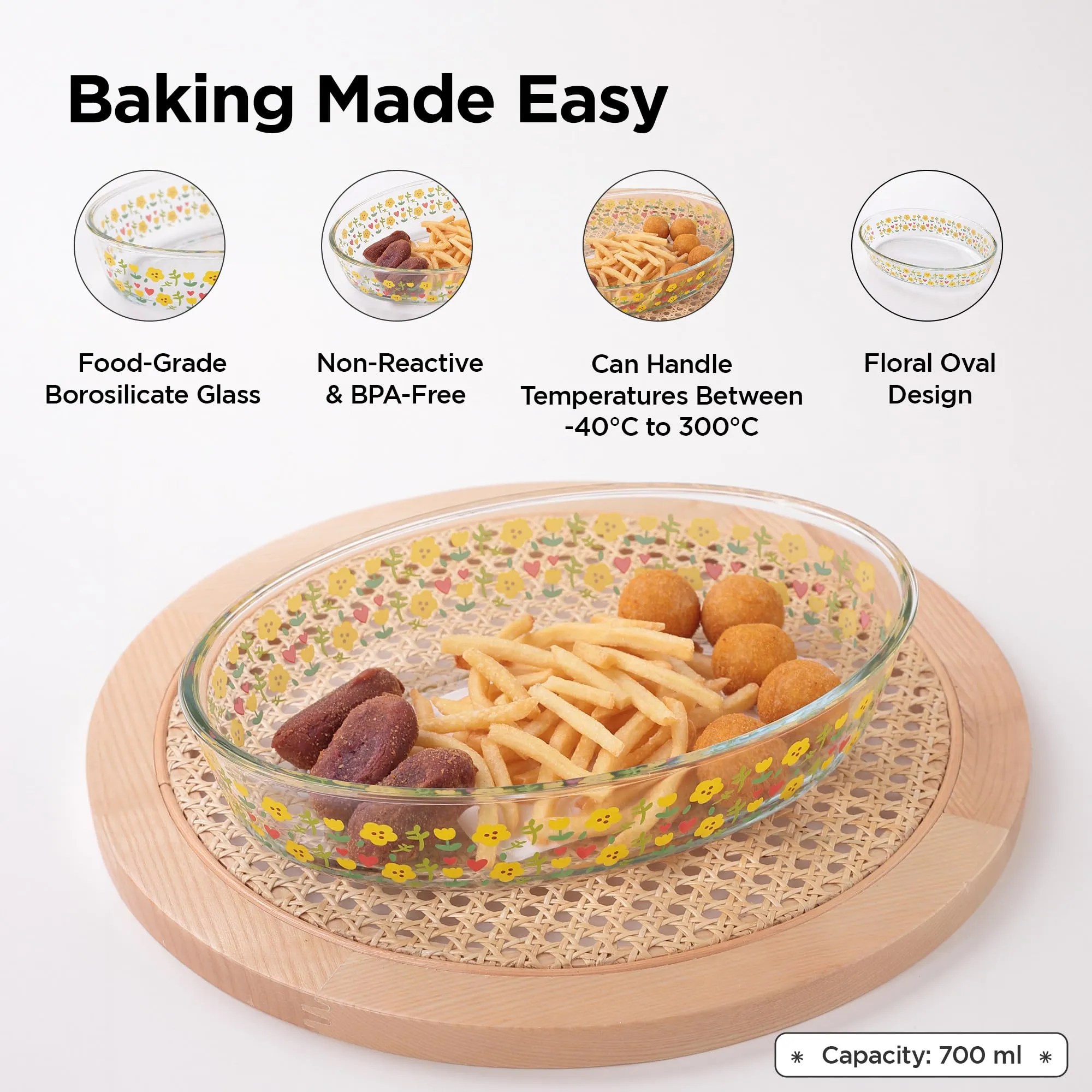 UMAI Borosilicate Printed Glass Baking Tray (700ml)| Transparent Microwave Oven Safe Utensils | Oval Bread Moulds for Baking | Dishwasher Safe | Multipurpose Use Serving Tray