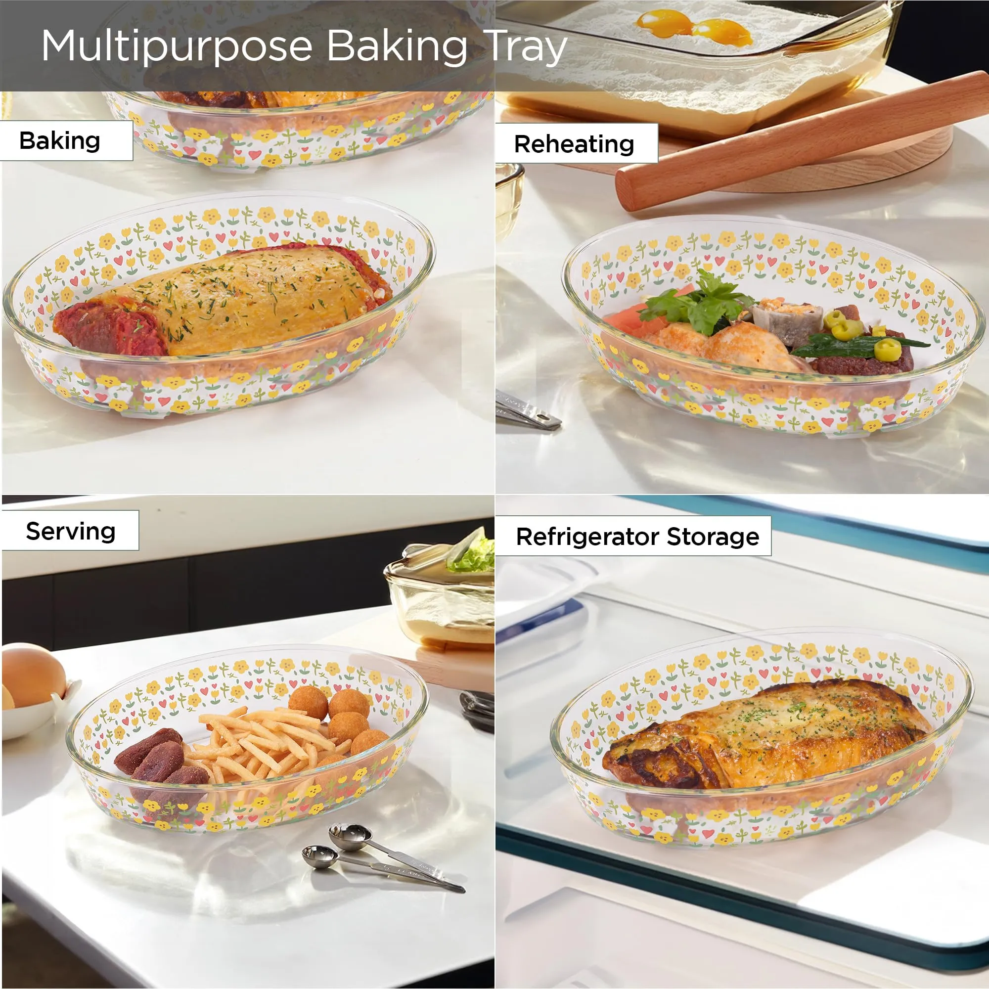 UMAI Borosilicate Printed Glass Baking Tray (700ml)| Transparent Microwave Oven Safe Utensils | Oval Bread Moulds for Baking | Dishwasher Safe | Multipurpose Use Serving Tray