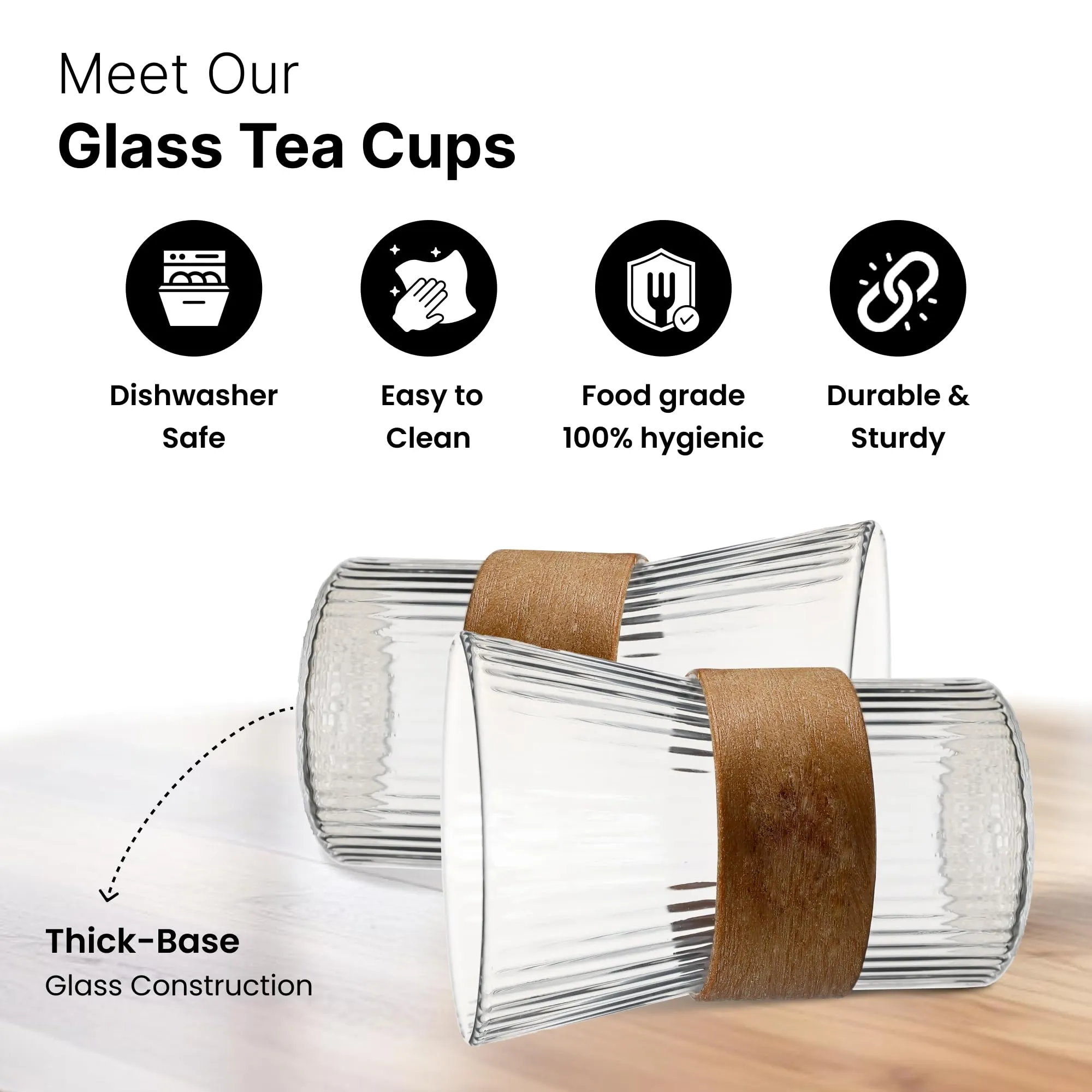 UMAI Glass Tea and Coffee Mugs Pack of 2| 280ml Each | Lead-Free Glass Cups with Anti Slip Leather Sleeves for Hot & Cold Beverages | Mugs for Coffee | Tea Cup Set | House Warming Gifts for New Home