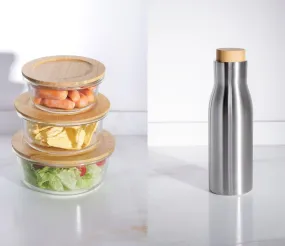 USHA SHRIRAM Borosilicate Food Container (3Pcs - 450ml, 650ml, 950ml) & Insulated Steel Bottle (500ml) With Bamboo Lid |Borsilicate Glass Container For Kitchen Storage | Microwave Safe | Hot Bottle