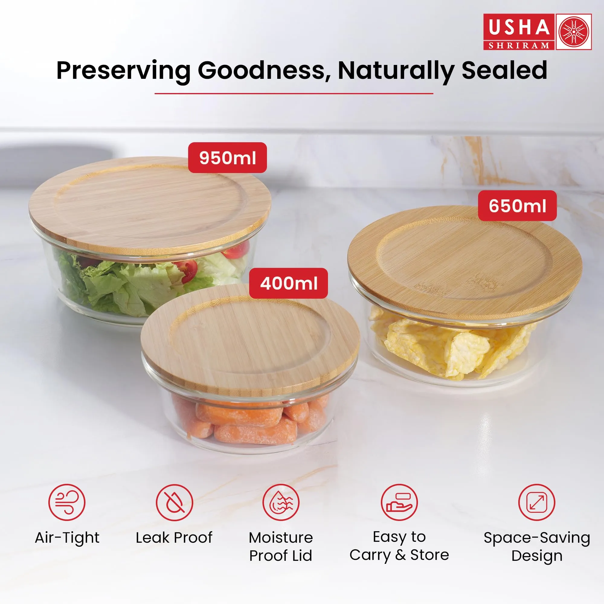 USHA SHRIRAM Borosilicate Food Container (3Pcs - 450ml, 650ml, 950ml) & Insulated Steel Bottle (500ml) With Bamboo Lid |Borsilicate Glass Container For Kitchen Storage | Microwave Safe | Hot Bottle