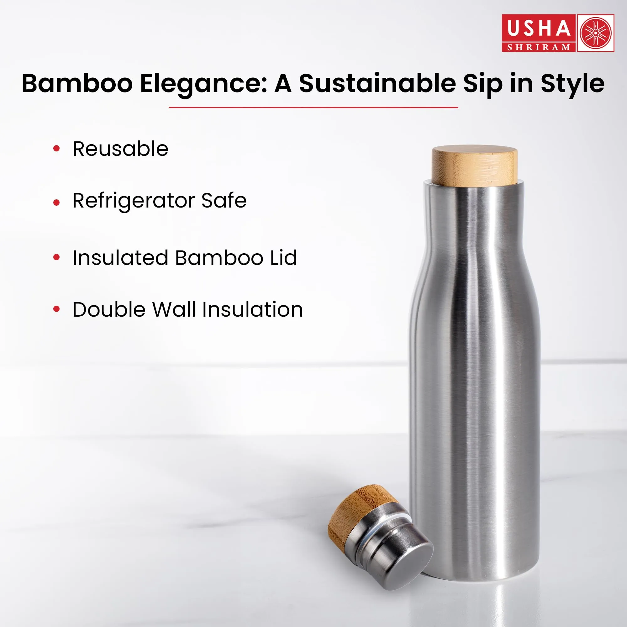 USHA SHRIRAM Borosilicate Food Container (3Pcs - 450ml, 650ml, 950ml) & Insulated Steel Bottle (500ml) With Bamboo Lid |Borsilicate Glass Container For Kitchen Storage | Microwave Safe | Hot Bottle