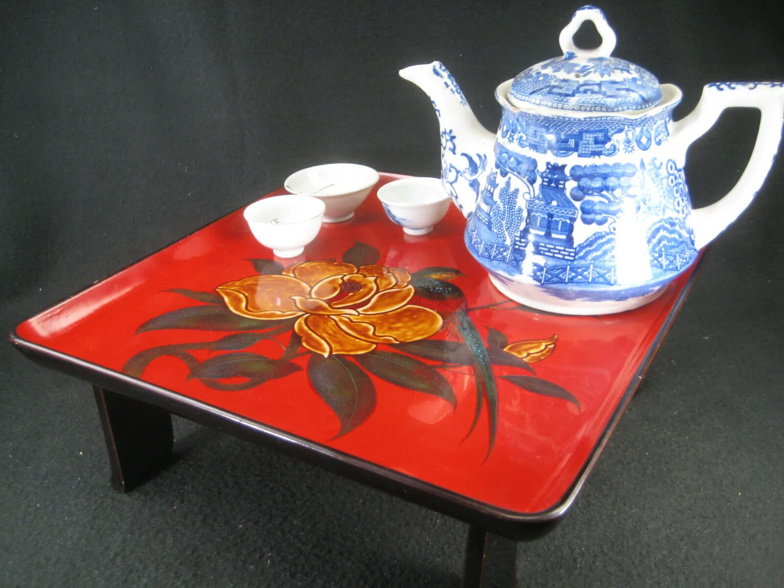 Vintage Early Showa (C1930) Japanese Wood Lacquer Tray W/ Hibiscus & Bird