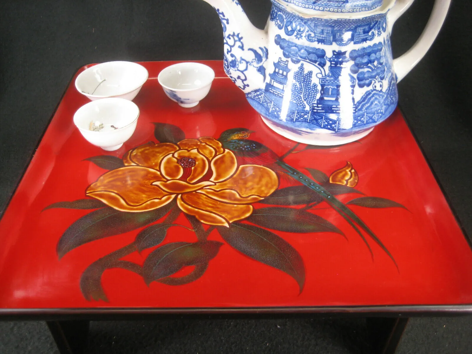 Vintage Early Showa (C1930) Japanese Wood Lacquer Tray W/ Hibiscus & Bird