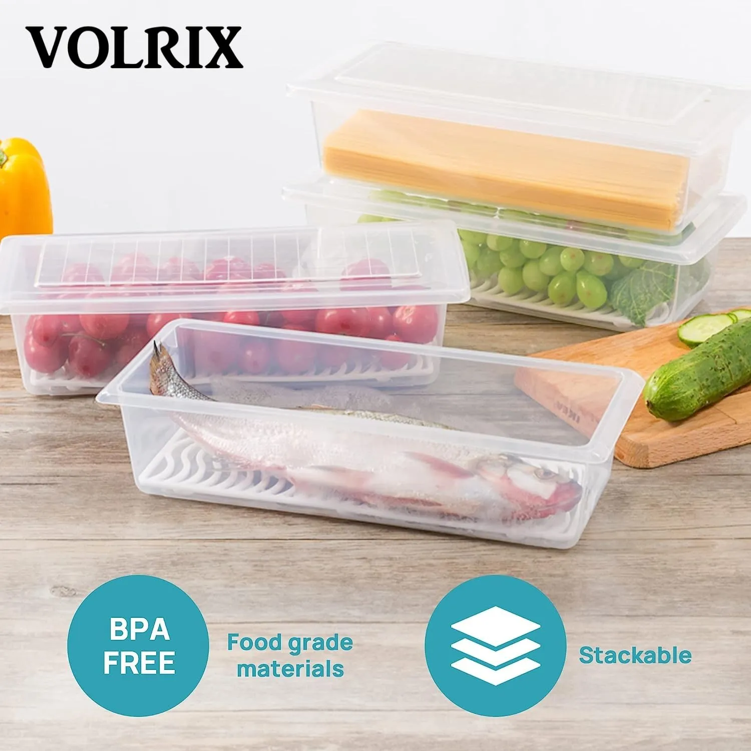 VOLRIX 6pcs Fridge Storage Boxes, Fridge Organizer with Removable Drain Plate Tray, Fridge Storage Containers, Keeps Fruits, Vegetables, Meat, Fish Fresh Longer 1500 ML, Polypropylene