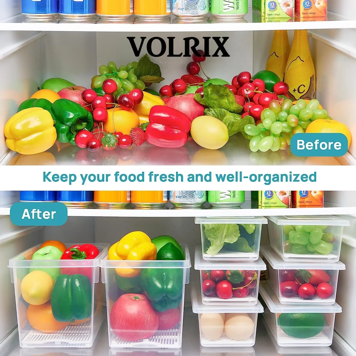 VOLRIX 6pcs Fridge Storage Boxes, Fridge Organizer with Removable Drain Plate Tray, Fridge Storage Containers, Keeps Fruits, Vegetables, Meat, Fish Fresh Longer 1500 ML, Polypropylene