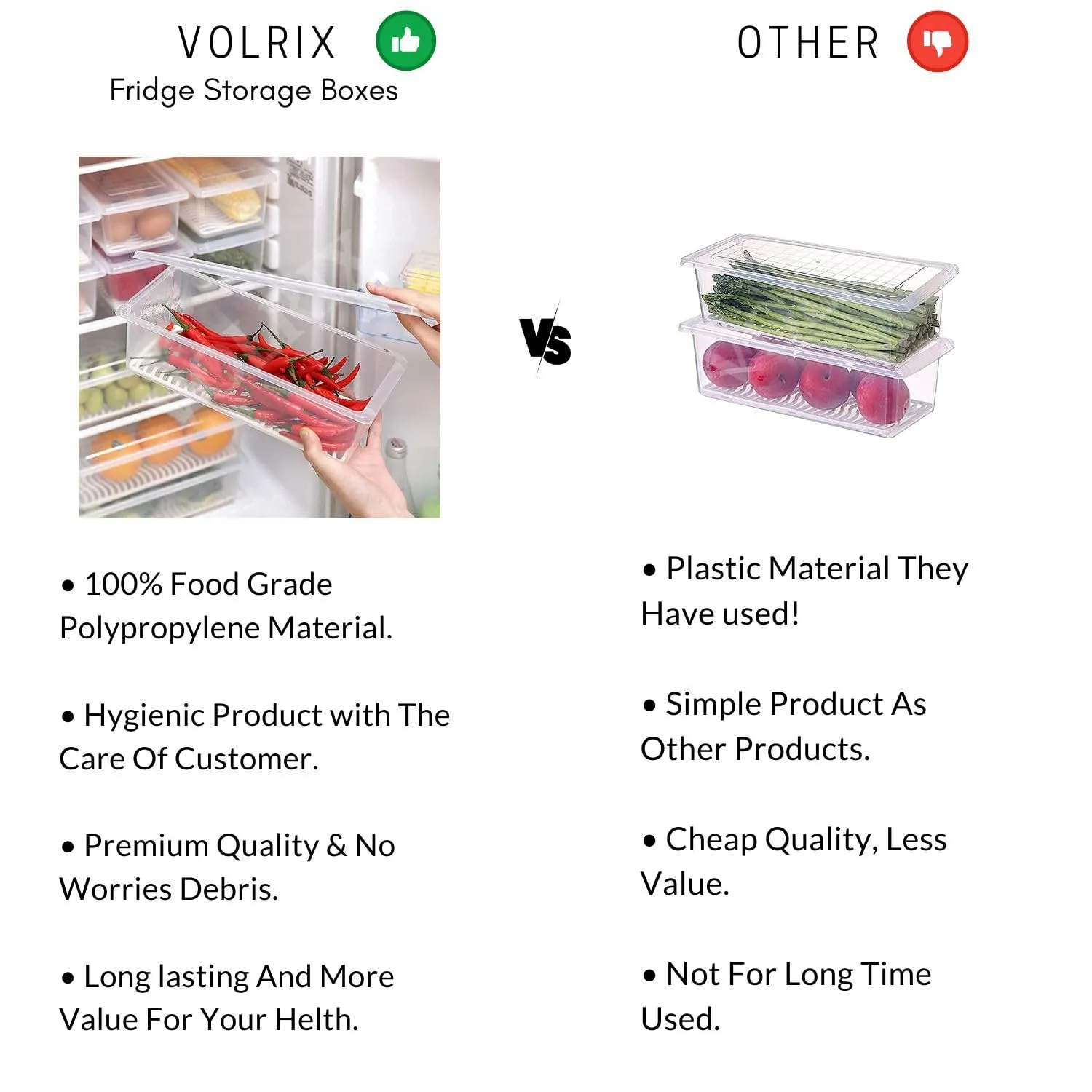 VOLRIX 6pcs Fridge Storage Boxes, Fridge Organizer with Removable Drain Plate Tray, Fridge Storage Containers, Keeps Fruits, Vegetables, Meat, Fish Fresh Longer 1500 ML, Polypropylene