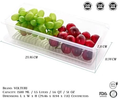 VOLTURI Fridge Storage Boxes (Pack of 6), Fridge Organizer with Removable Drain Plate Fridge Storage Containers Keeps Fruits, Vegetables, Meat, Fish Fresh Longer 1500 ML Container Box