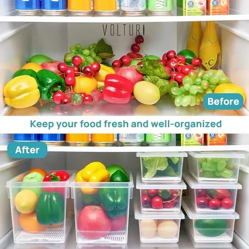 VOLTURI Fridge Storage Boxes (Pack of 6), Fridge Organizer with Removable Drain Plate Fridge Storage Containers Keeps Fruits, Vegetables, Meat, Fish Fresh Longer 1500 ML Container Box