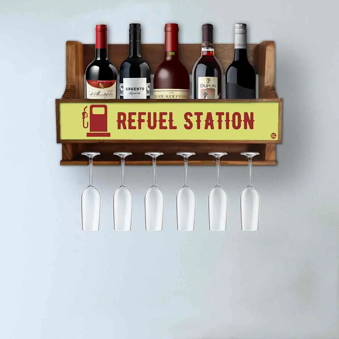 Wall Mounted Wine Glass Rack Mini Bar for 5 Bottles 6 Glasses - Refuel Station