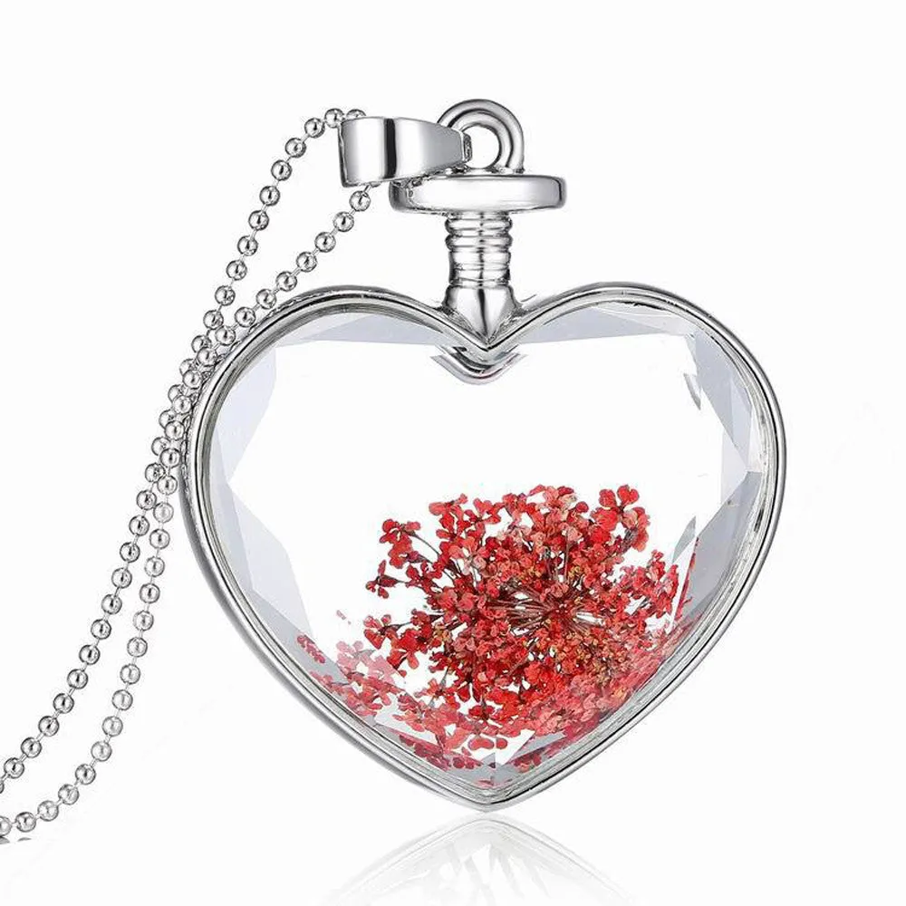 Women Dry Flower Heart Glass Wishing Bottle Pendant Necklace