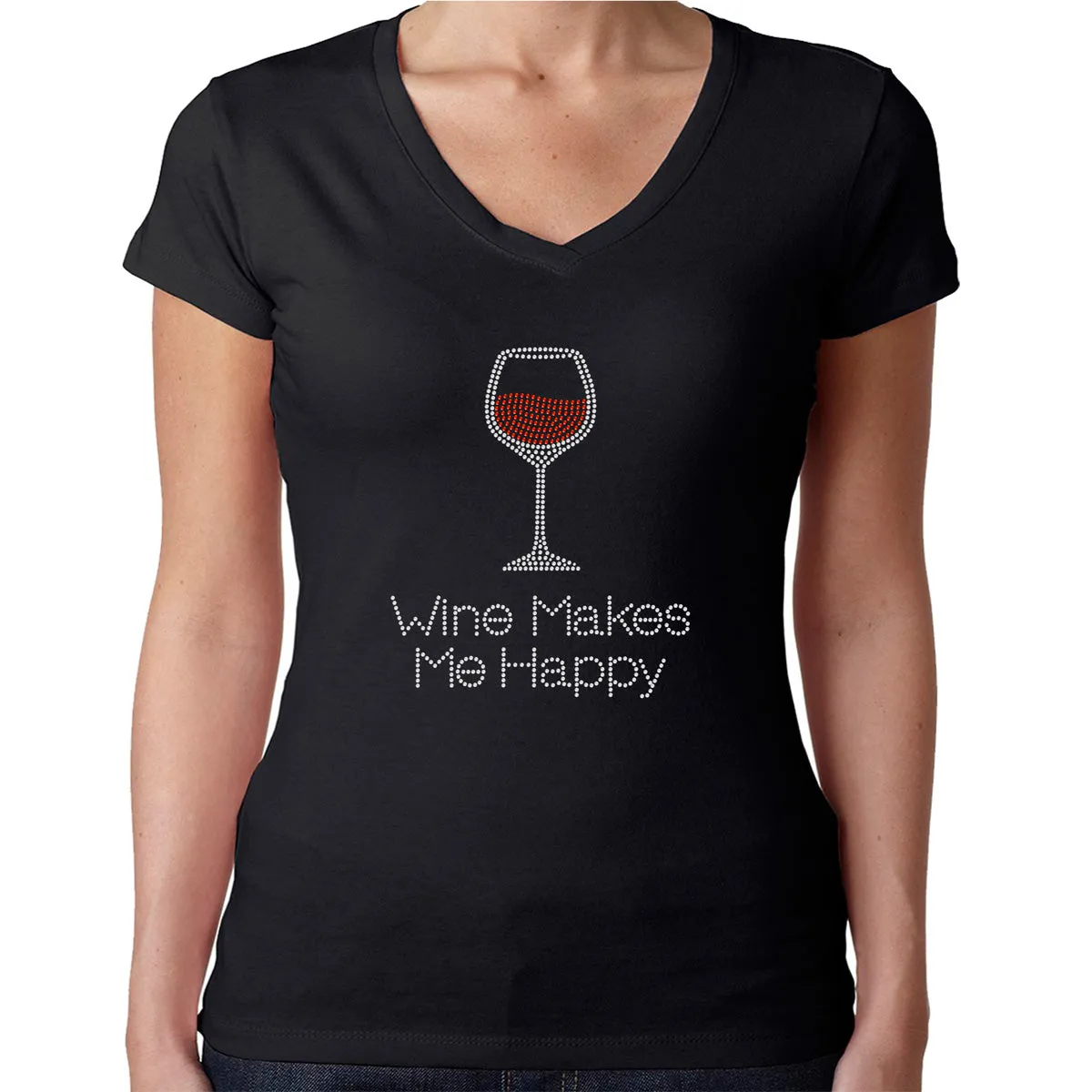 Womens T-Shirt Rhinestone Bling Black Fitted Tee Red Wine Makes me Happy